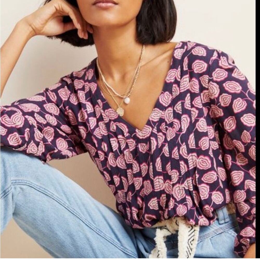 Maeve by Anthropologie Women’s Cathy Pleaded Blouse Floral Blue Pink Medium